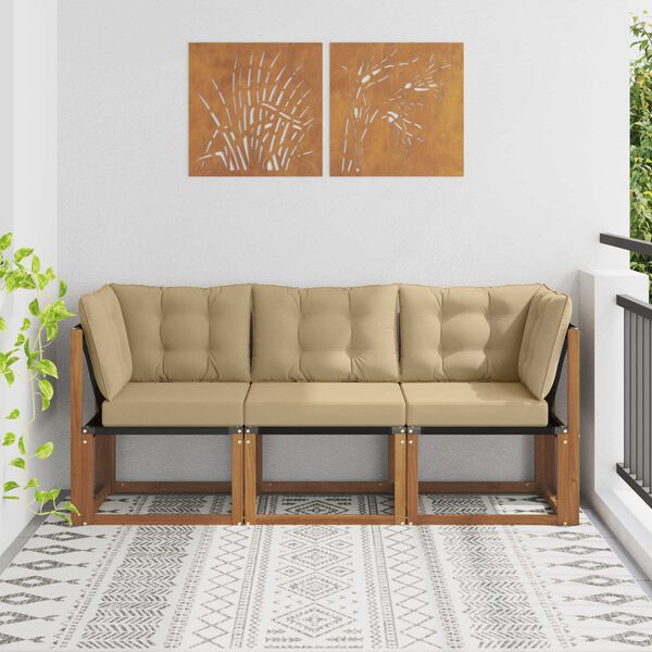 vidaXL Zunanji srednji in kotiček kavč z blazino 3 Kos Naravna