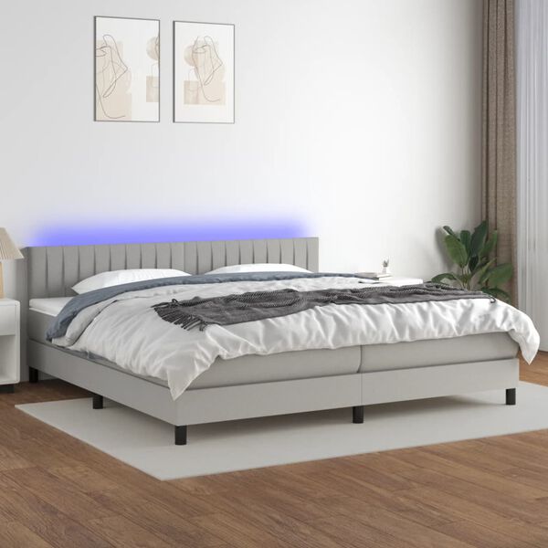 vidaXL Box spring postelja z vzmetnico LED sv. siva 200x200 cm blago