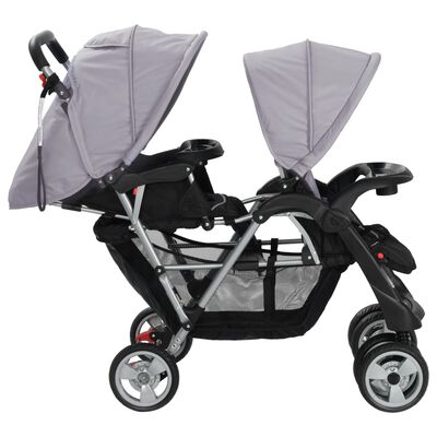 vidaXL Dvojni otroški voziček jeklen sive in črne barve
