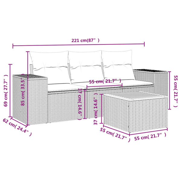 vidaXL Vrtna sedežna garnitura 4-delna z blazinami siv poli ratan