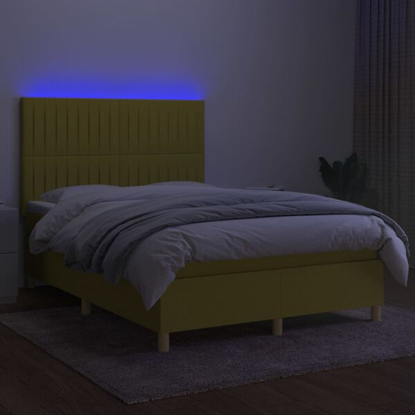 vidaXL Box spring postelja z vzmetnico LED zelena 140x200 cm blago