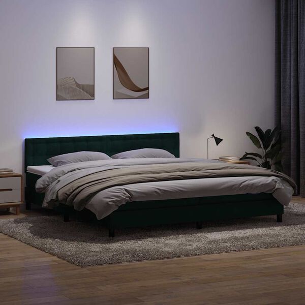 vidaXL Box spring postelja z vzmetnico LED temno zelena 180x220 cm žamet