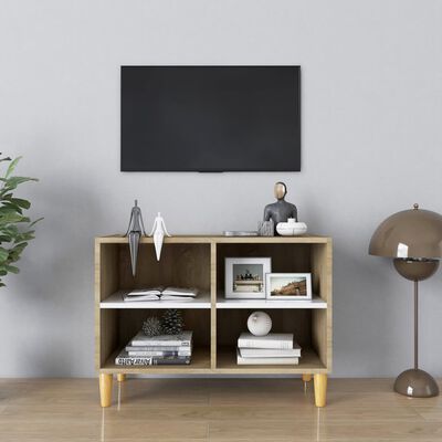 vidaXL TV omarica z lesenimi nogami bela in sonoma hrast 69,5x30x50 cm