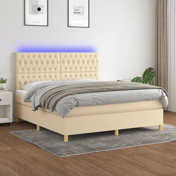 vidaXL Box spring postelja z vzmetnico LED krem 160x200 cm blago