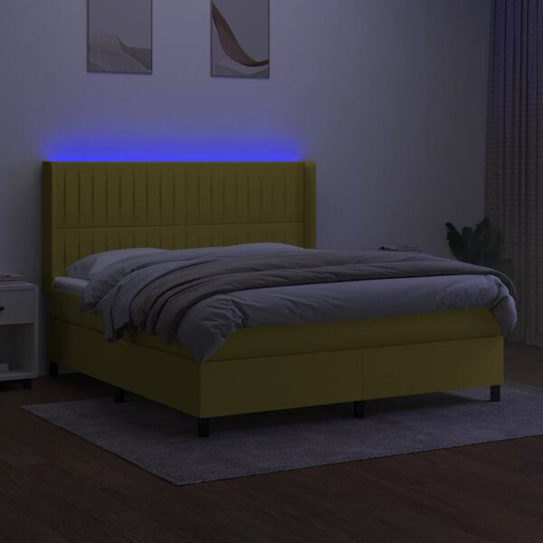 vidaXL Box spring postelja z vzmetnico LED zelena 160x200 cm blago