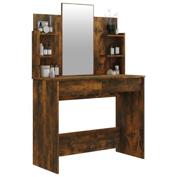 vidaXL Toaletna mizica z ogledalom dimljeni hrast 96x40x142 cm