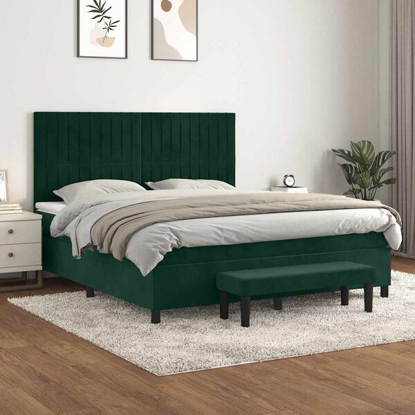 vidaXL Box spring postelja z vzmetnico temno zelena 160x200 cm žamet