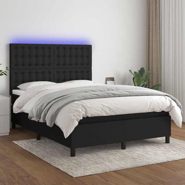 vidaXL Box spring postelja z vzmetnico LED črna 140x200 cm blago