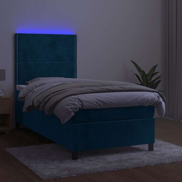 vidaXL Box spring postelja z vzmetnico LED temno modra 90x190 cm žamet