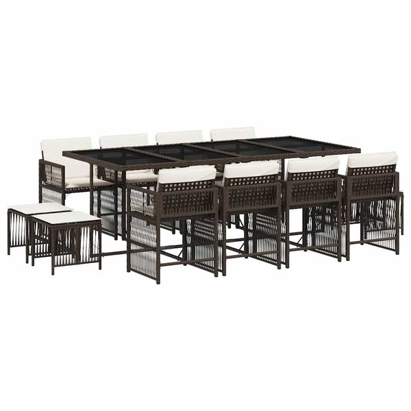 vidaXL Vrtna jedilna garnitura 13-delna z blazinami rjav poli ratan