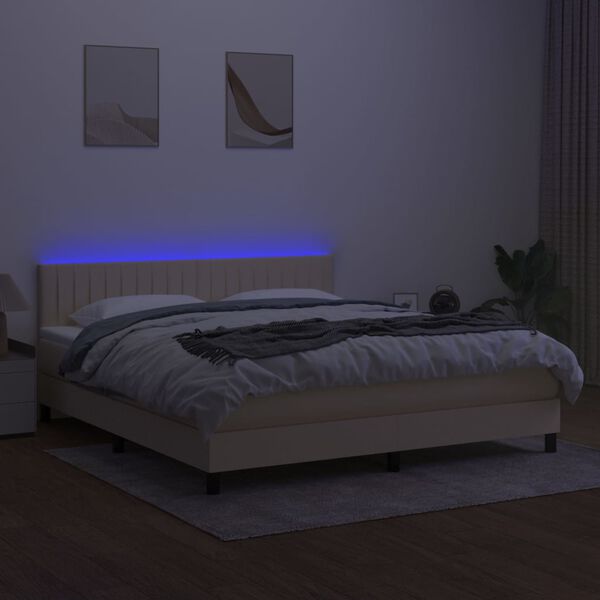 vidaXL Box spring postelja z vzmetnico LED krem 160x200 cm blago