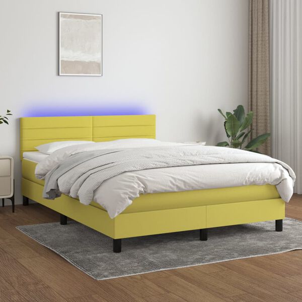 vidaXL Box spring postelja z vzmetnico LED zelena 140x200 cm blago