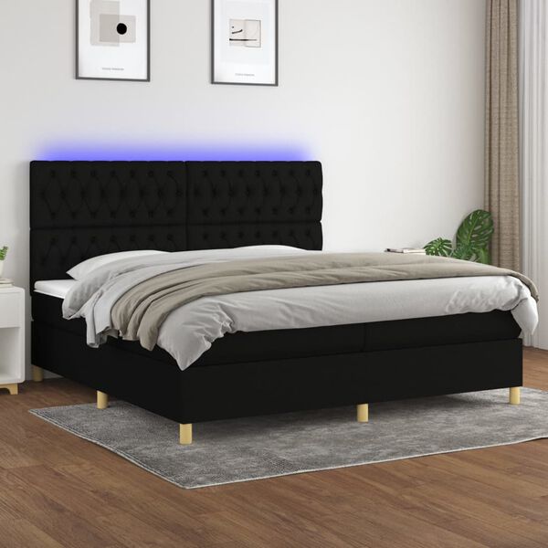 vidaXL Box spring postelja z vzmetnico LED črna 200x200 cm blago