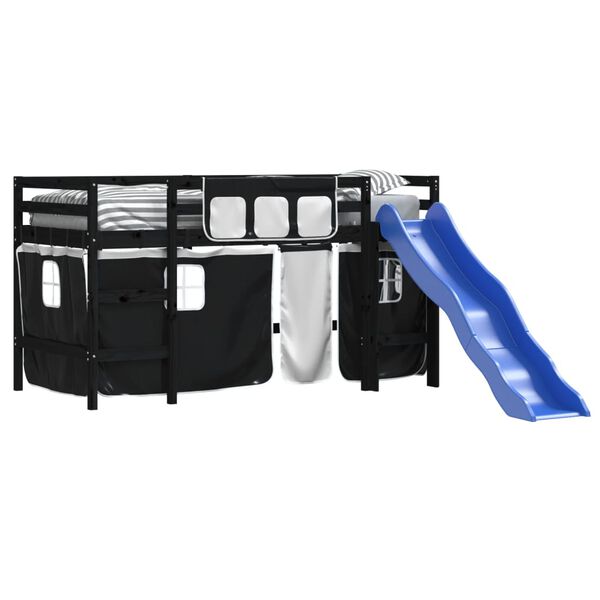 vidaXL Otroški pograd z zavesami bel in črn 80x200 cm trdna borovina