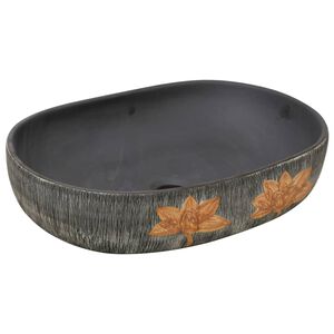 vidaXL Nadpultni umivalnik siv in črn ovalen 59x40x14 cm keramika