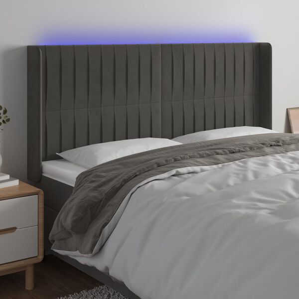 vidaXL LED posteljno vzglavje temno sivo 163x16x118/128 cm žamet