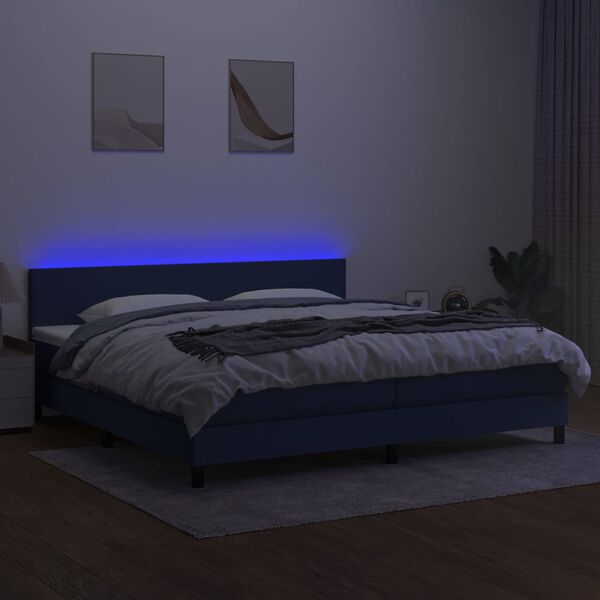 vidaXL Box spring postelja z vzmetnico LED modra 200x200 cm blago