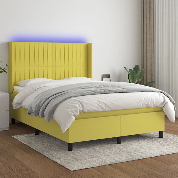 vidaXL Box spring postelja z vzmetnico LED zelena 140x190 cm blago