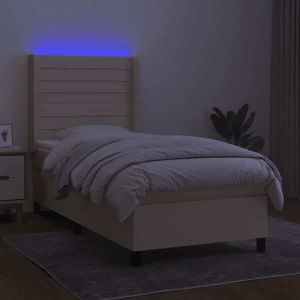 vidaXL Box spring postelja z vzmetnico LED krem 100x200 cm blago