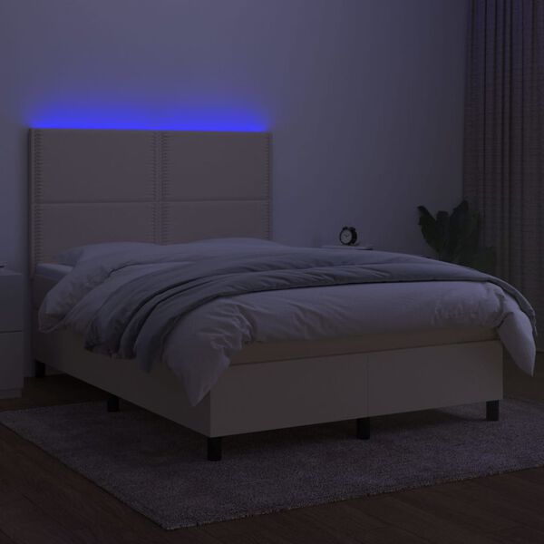 vidaXL Box spring postelja z vzmetnico LED krem 140x190 cm blago