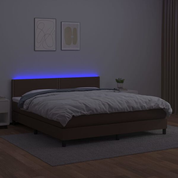 vidaXL Box spring postelja vzmetnico LED rjava 180x200 cm umetno usnje