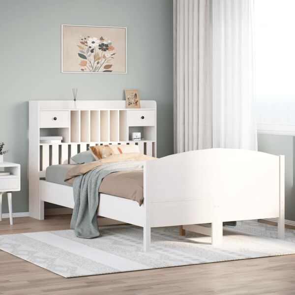 vidaXL Knjižna postelja brez vzmetnice bela 135x190 cm trdna borovina