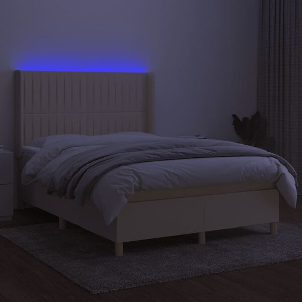 vidaXL Box spring postelja z vzmetnico LED krem 140x200 cm blago