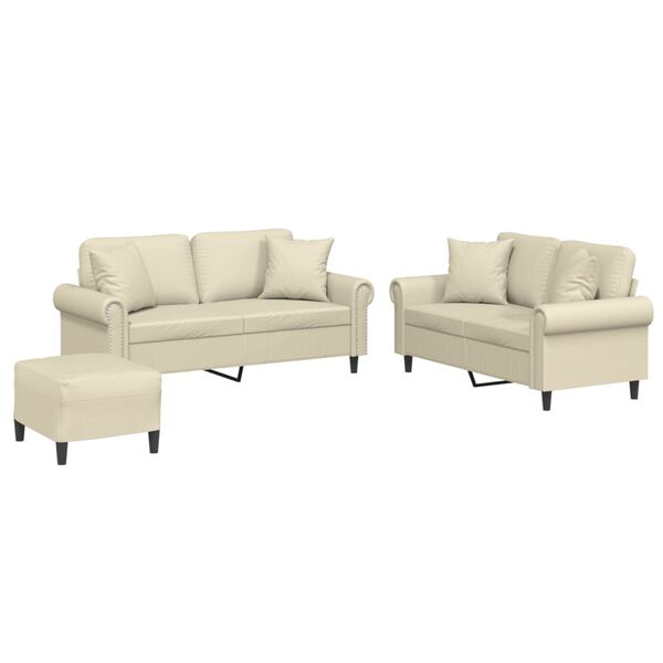 vidaXL Sedežna garnitura z vzglavniki 3-delna krem umetno usnje