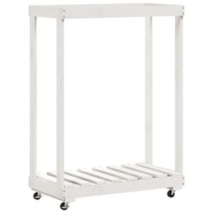 vidaXL Držalo za polena s kolesi belo 76,5x40x108 cm trdna borovina