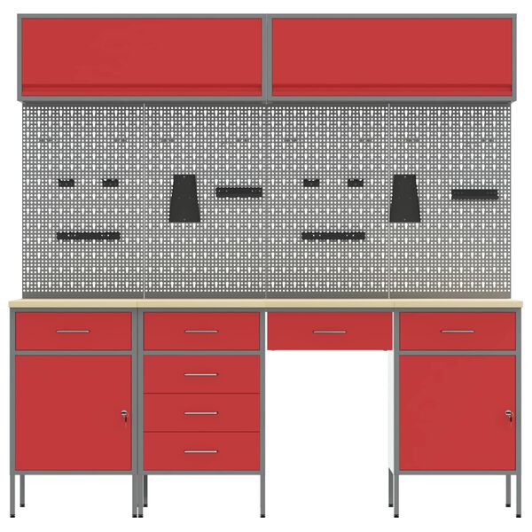 vidaXL Set delovnih omar s predalom s shranjevanjem 10 pcs Rdeča
