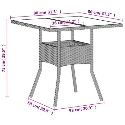 vidaXL Vrtna miza s stekleno ploščo sv. siva 80x80x75 cm poli ratan