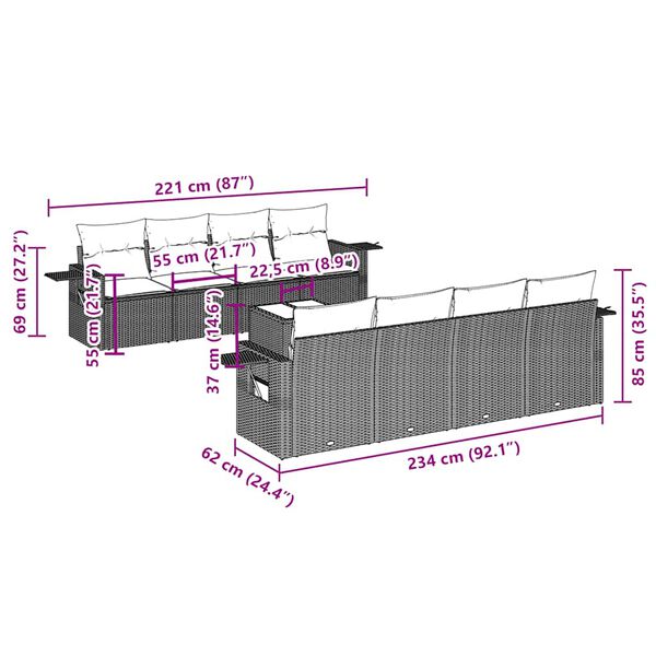 vidaXL Vrtna sedežna garnitura 9-delna z blazinami črn poli ratan