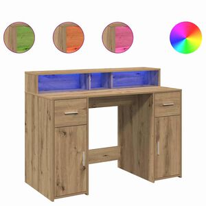 vidaXL Pisalna miza z LED lučkami artisan hrast 120x55x91 cm inž. les