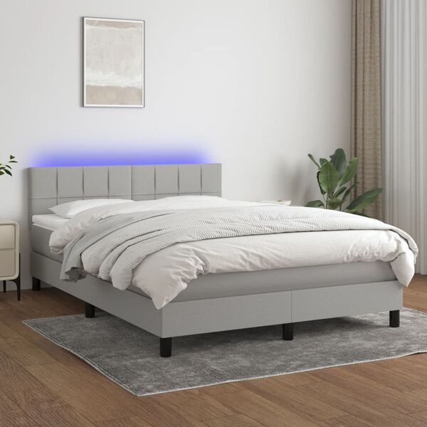 vidaXL Box spring postelja z vzmetnico LED svetlo siva 140x190cm blago