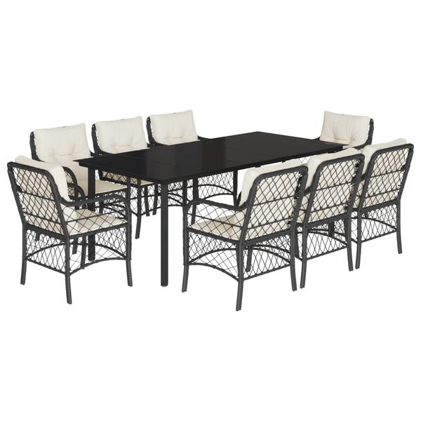 vidaXL Vrtna jedilna garnitura 9-delna z blazinami črn poli ratan