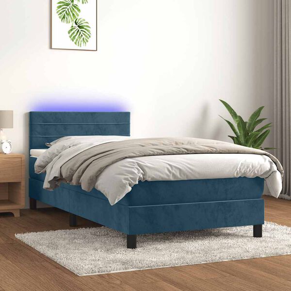 vidaXL Box spring postelja z vzmetnico LED temno modra 90x190 cm žamet