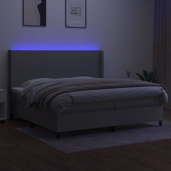 vidaXL Box spring postelja z vzmetnico LED sv. siva 200x200 cm blago