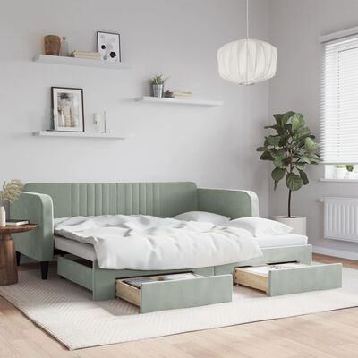 vidaXL Izvlečna dnevna postelja s predali svetlo siva 90x190 cm žamet
