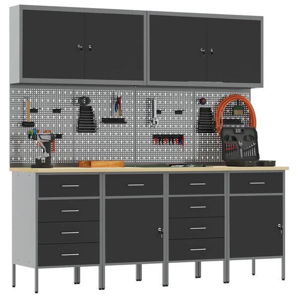 vidaXL Delovna omara s predalom 10 pcs Črna Inženirski les in jeklo