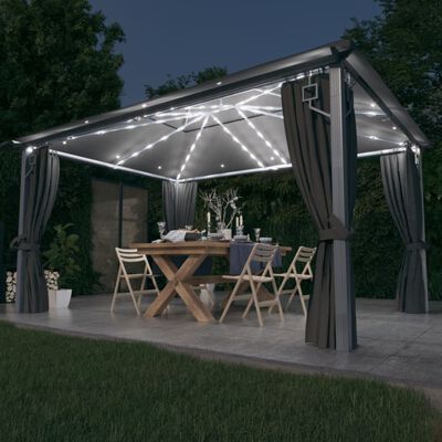 vidaXL Paviljon z zaveso in LED lučkami 4x3 m antraciten aluminij