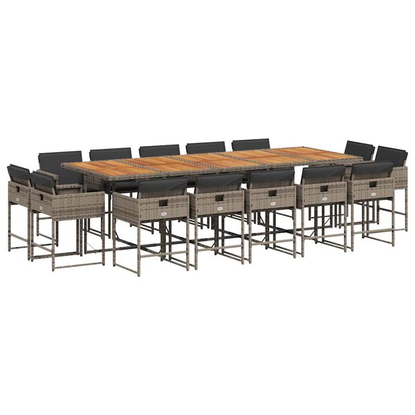 vidaXL Vrtna jedilna garnitura 15-delna z blazinami siv poli ratan