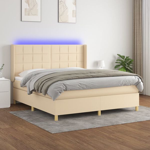 vidaXL Box spring postelja z vzmetnico LED krem 180x200 cm blago
