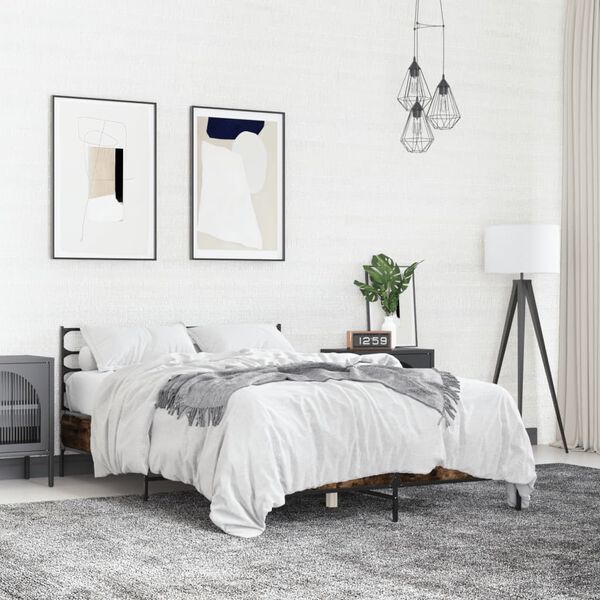 vidaXL Posteljni okvir dimljeni hrast 135x190 cm inž. les in kovina