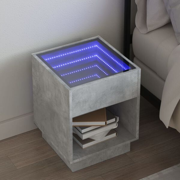 vidaXL Nočna mizica z neskončnimi LED betonsko siva 40x40x50 cm