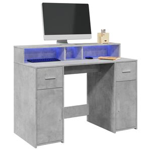 vidaXL Pisalna miza z LED lučkami betonsko siva 120x55x91 cm inž. les