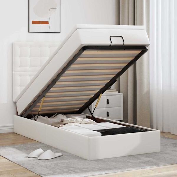 vidaXL Otomanski posteljni okvir z vzmetnico bel 90x190 cm um. usnje