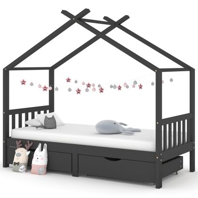 vidaXL Otroški posteljni okvir s predali temno siva borovina 90x200 cm