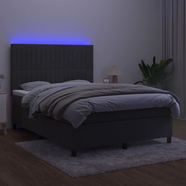 vidaXL Box spring postelja z vzmetnico LED temno siva 140x190 cm žamet
