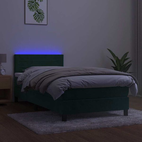 vidaXL Box spring postelja z vzmetnico LED tem. zelena 90x190 cm žamet