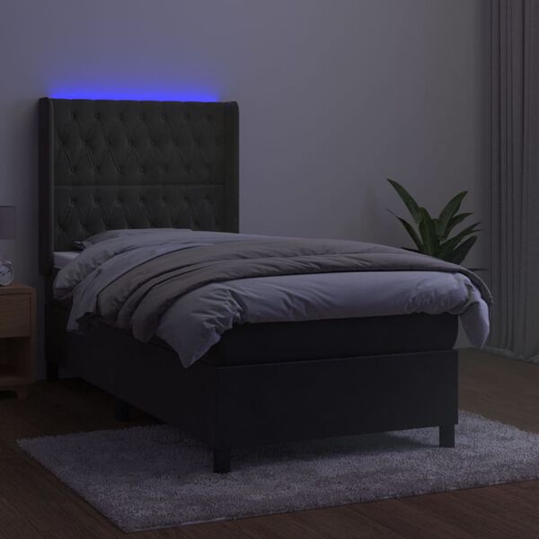 vidaXL Box spring postelja z vzmetnico LED temno siva 100x200 cm žamet